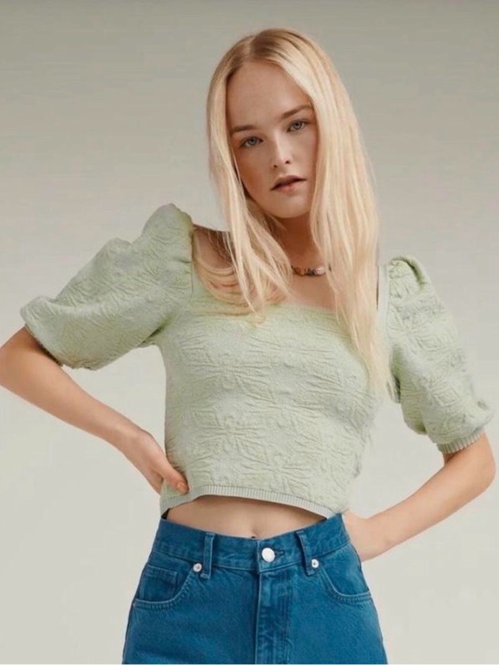 Zara Light Green Square Neck Puff Sleeve Knit Crop Top Blouse Size Medium